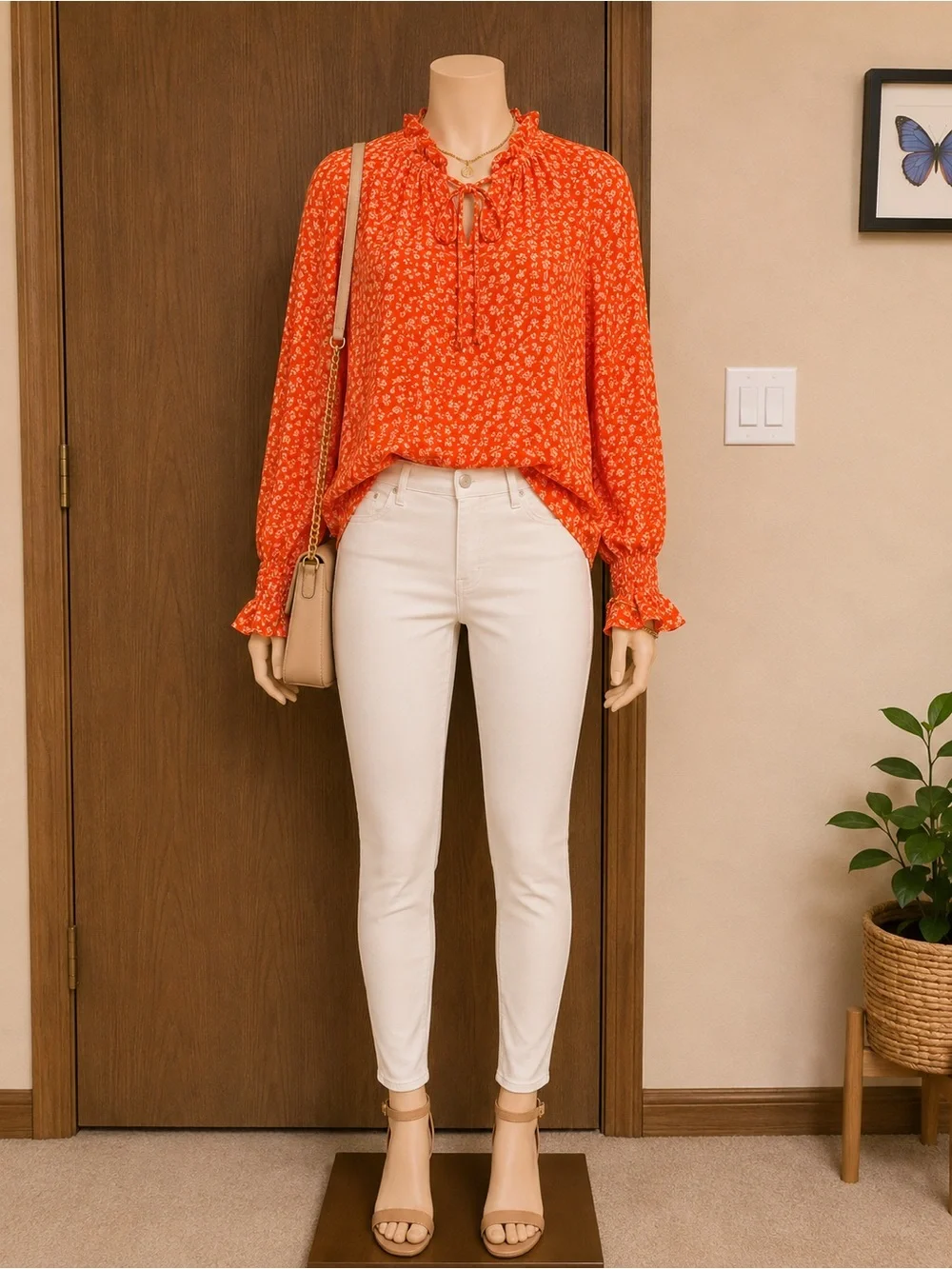 LOFT Bright Orange Floral Ruffle-Neck Blouse